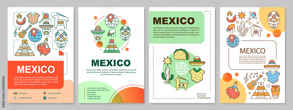 Plakat Mexico brochure template layout. Mexican culture and attractions. Flyer, booklet, leaflet print design with linear illustrations. Vector page layouts for magazines, annual reports, advertising posters
