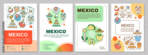 Mexico brochure template layout. Mexican culture and attractions. Flyer, booklet, leaflet print design with linear illustrations. Vector page layouts for magazines, annual reports, advertising posters