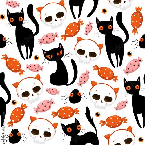 Canvas Print Halloween seamless pattern with cute pumpkins, black cat and other halloween elements