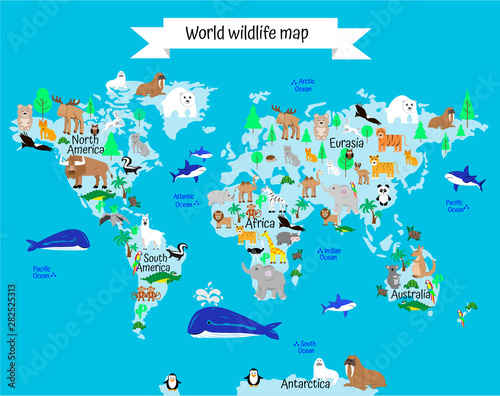 World map with animals and plants. world of wildlife. Continents and oceans, geography for children