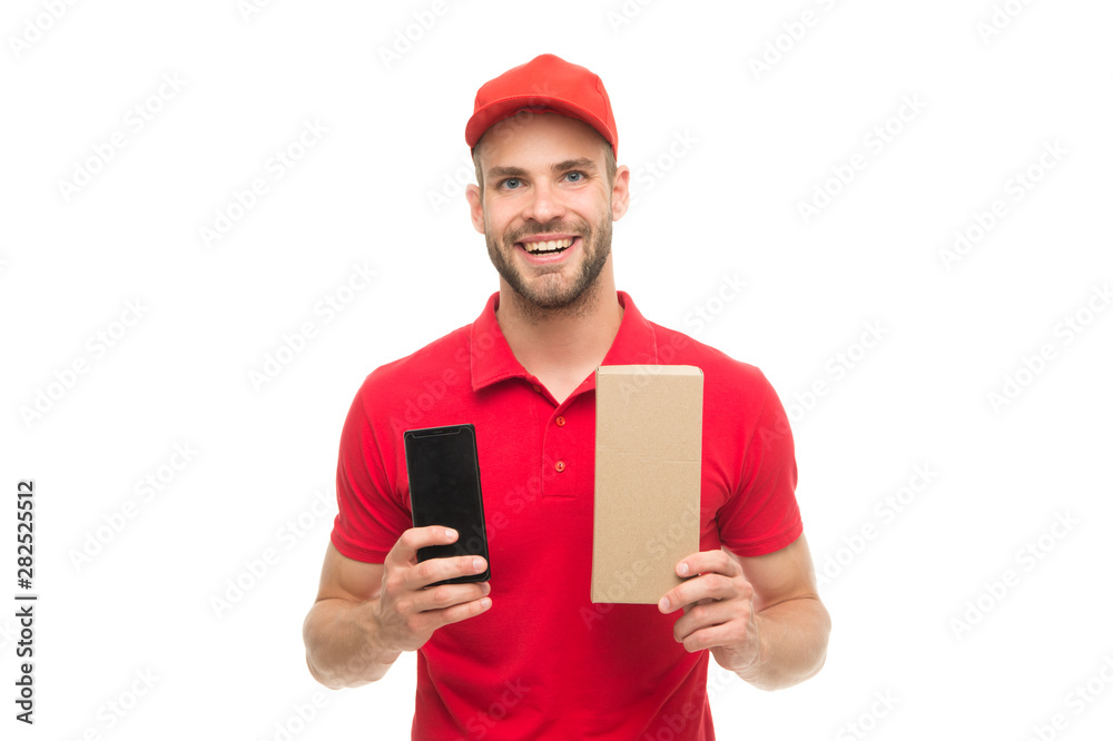 Delivering your purchase. Happy smiling man with post package white background. Gifts for holiday. Courier service delivery. Salesman courier career. Courier delivery service. Postman delivery worker Delivering your purchase. Happy smiling man with post package white background. Gifts for holiday. Courier service delivery. Salesman courier career. Courier delivery service. Postman delivery worker
