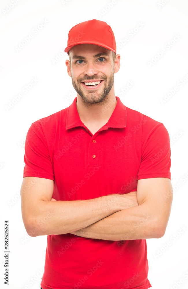 Cheerful cashier. Delivery service. Restaurant cafe staff wanted. Man unshaven hipster wear cap cashier uniform white background. Cashier concept. Salesman cashier career. Hiring shop store worker Cheerful cashier. Delivery service. Restaurant cafe staff wanted. Man unshaven hipster wear cap cashier uniform white background. Cashier concept. Salesman cashier career. Hiring shop store worker