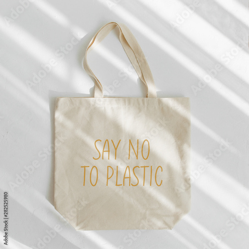 Canvas tote bag. Say no to plastic.  Reusable eco bag. Eco friendly concept. photo