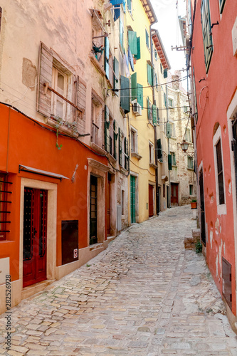 One of the narrow back streets in the historic old town of Rovinj in Croatia