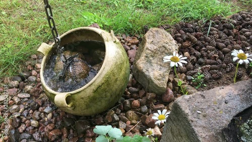 Old vase with pebbles and chain for rain water drainage from wooden house roof, rainy weather
