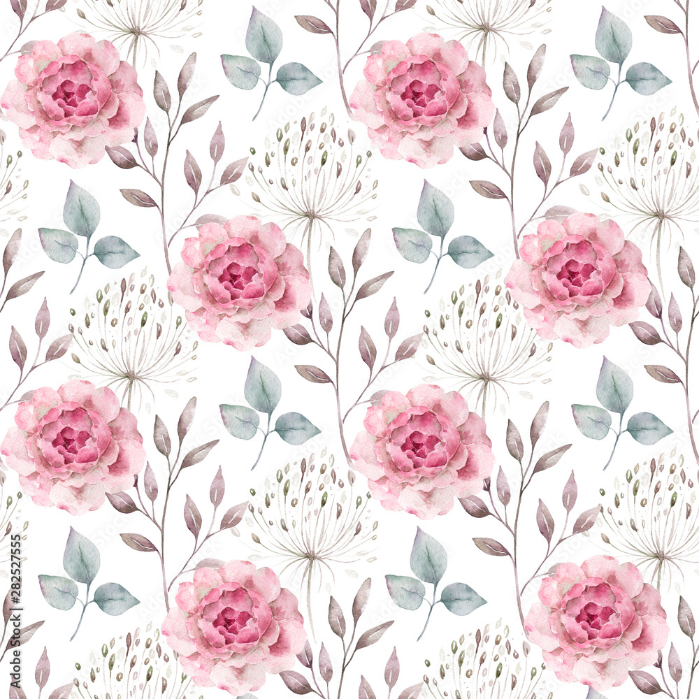 Watercolor hand painted seamless pattern of pink roses and green leaves.