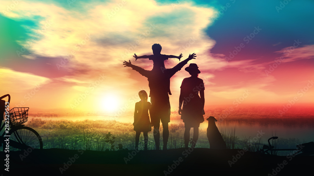 Family with two children and a dog by the river at sunset