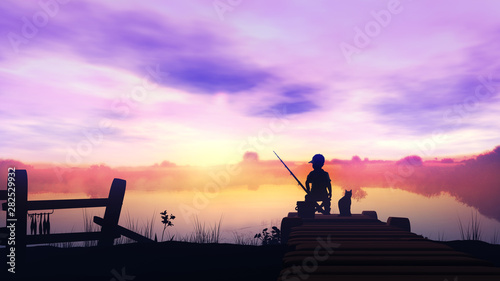 The boy is fishing in the river from a wooden pier at sunrise