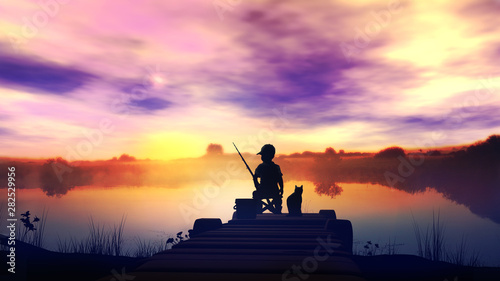 The boy is fishing in the company of a cat at sunrise