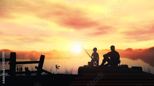 Father and son in the morning fishing
