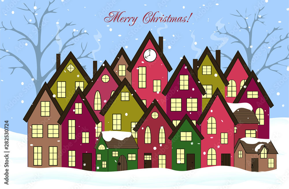 Christmas. Colorful houses among snowdrifts and falling snowflakes. Postcard. Background. Christmas. Colorful houses among snowdrifts and falling snowflakes. Postcard. Background.