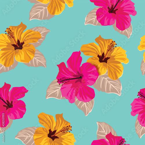Tropical flowers and palm leaves on background. Seamless. Vector pattern.