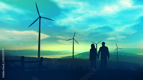 Couple of tourists against the background of wind power plants in twilight