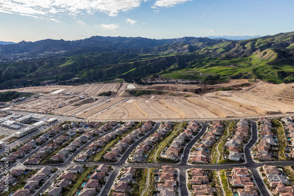 Aerial view of expanding suburban housing developments in Los Angeles, California.