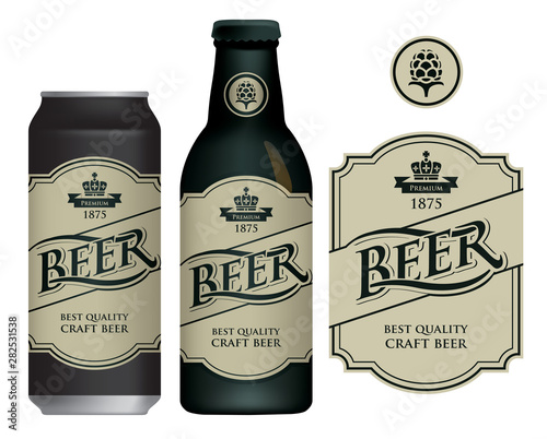 Vector label for craft beer in retro style on light background, decorated by crown and ribbon. Sample beer label on beer can and beer bottle
