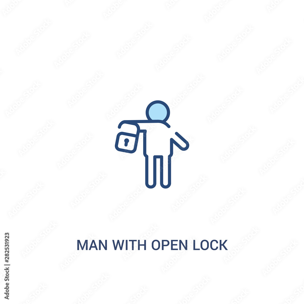 man with open lock concept 2 colored icon. simple line element illustration. outline blue man with open lock symbol. can be used for web and mobile ui/ux.