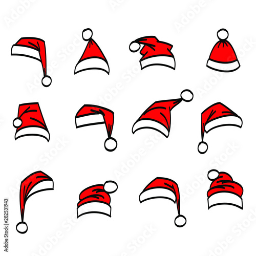 Set of red Santa cristmas hats of different shapes. Hand drawn cartoon doodle style.