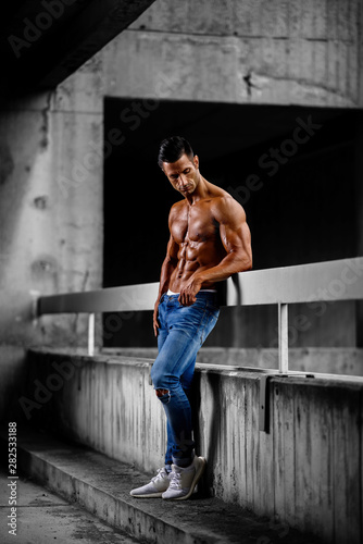 Handsome Shirtless Muscular Men in Jeans Posing Outdoors