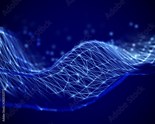 Big data abstract visualization: waves on surface of the sea of information. Digital data or cyberspace concept: virtual landscape. 3D sound waves, futuristic background. EPS 10, vector illustration.