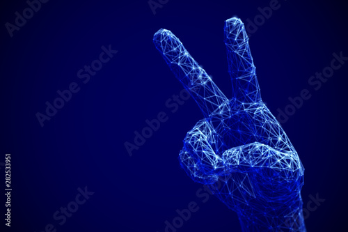 Artificial intelligence victory concept: digital 3D human or robot hand showing victory gesture. Information technology background. Fingers lifted up showing number two. EPS 10, vector illustration.