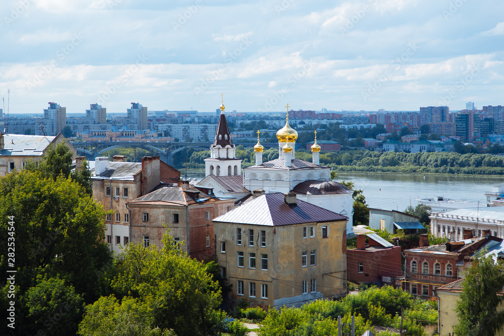Nizhny Novgorod, Russia, July 12, 2019. Aerial panoramic view of the city in summer day.