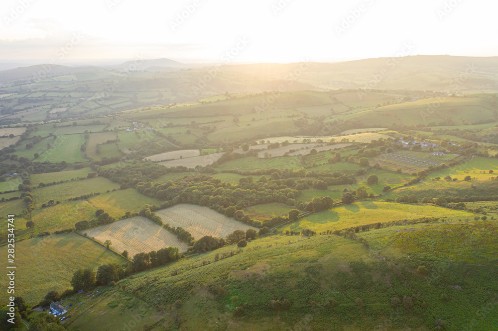 Aerial View over Farming Fields at Sunset
