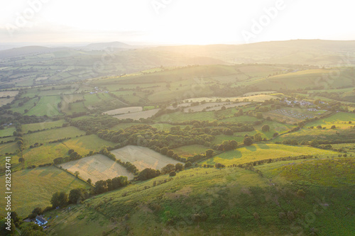Aerial View over Farming Fields at Sunset