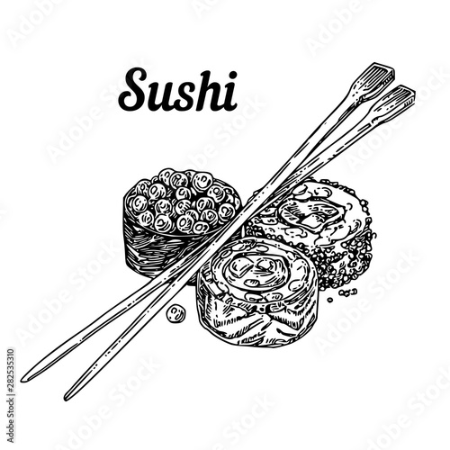 Japanese food. Sushi. Three rolls and chopsticks. Engraving style. Vector illustration.