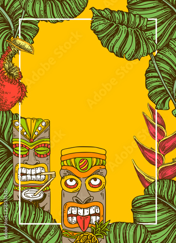 Flyer for  tiki party. Background with wooden idols, tropical flowers and leaves, cocktail. Color. Engraving style. Vector illustration.