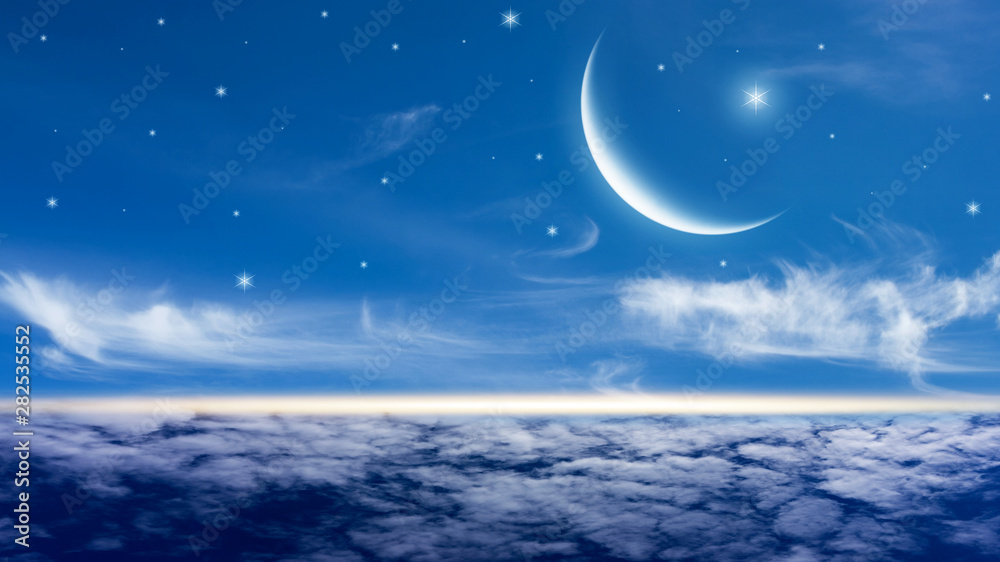 Romantic Moon In Starry Night Over Clouds