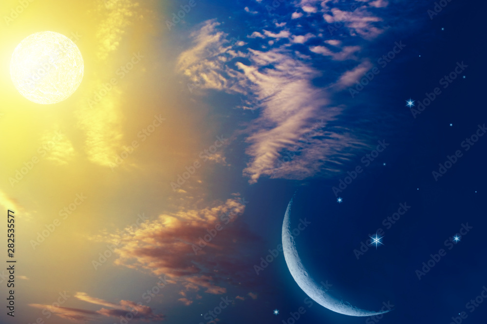 Romantic Moon In Starry Night Over Clouds