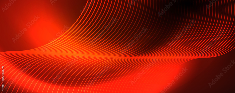 Bright neon circles and wave lines, glowing shiny background design template, digital techno concept. Bright neon circles and wave lines, glowing shiny background design template, digital techno concept.