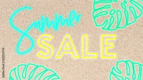 Summer sale neon sign text flickering on sand flat lay background