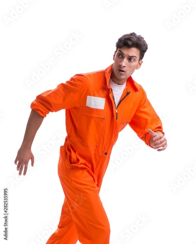 Prisoner in orange robe isolated on white background photo