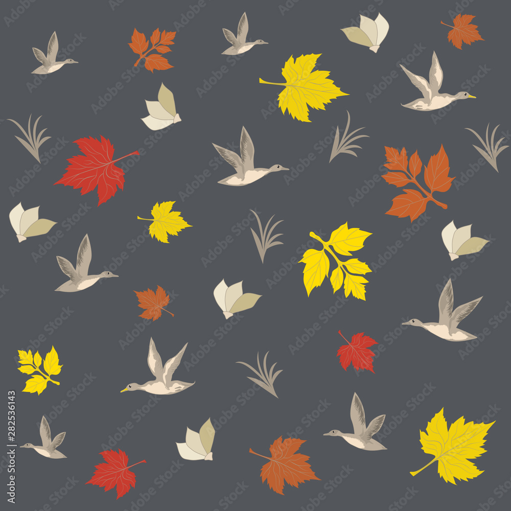 Autumn - bright leaves, flying wild ducks on dark gray trend color background - vector