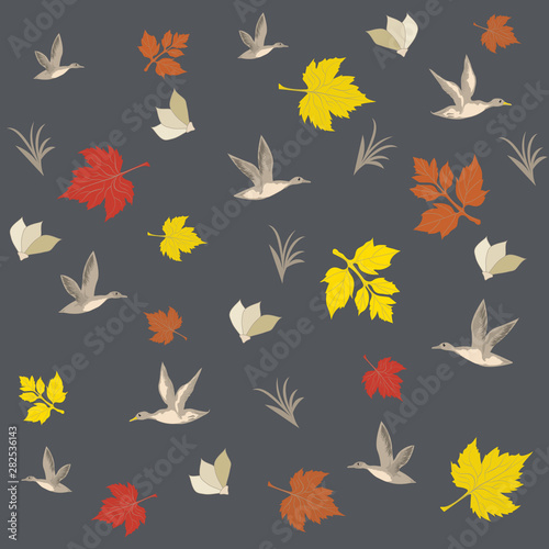 Autumn - bright leaves, flying wild ducks on dark gray trend color background - vector