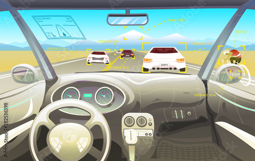 Vehicle salon, Driver view. Dashboard control in a smart car. Virtual control or auto piloted simulation. Traffic on a landscape road. Background for the interface. Autonomous Electric Automobile.