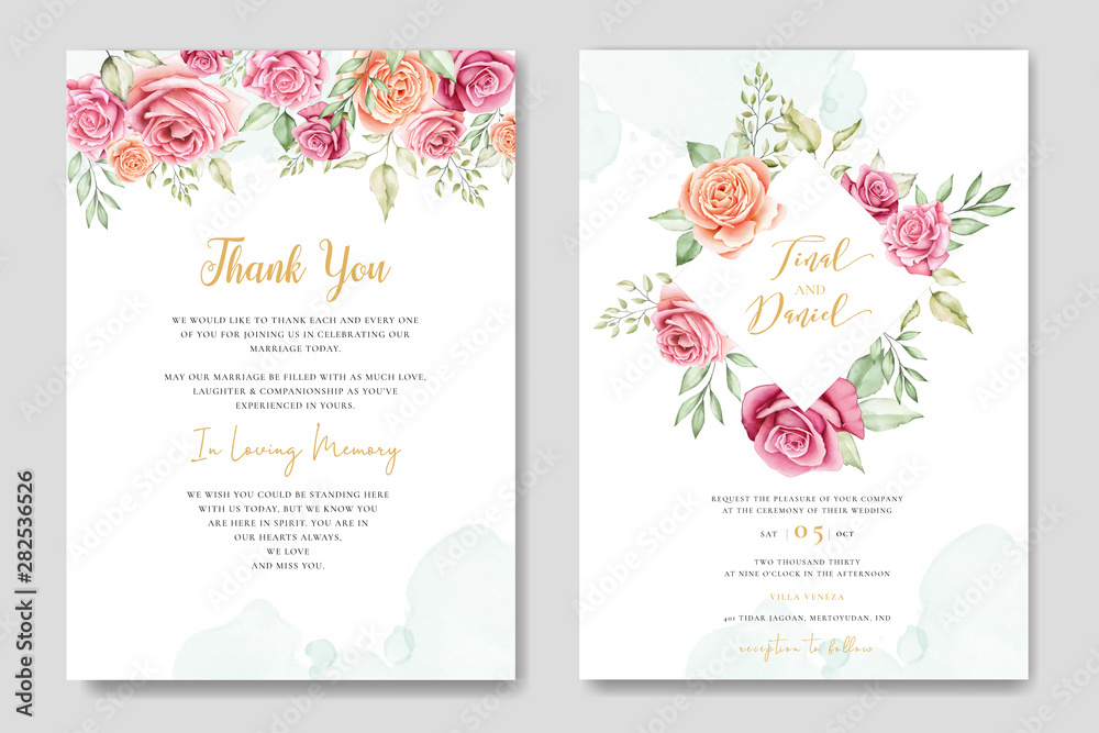 beautiful watercolor wedding invitation card with floral and leaves background template