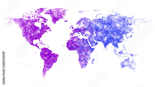 World map drawn with violet and light blue abstract lines on a light background