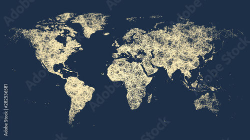 World map drawn with abstract golden lines on a dark blue background