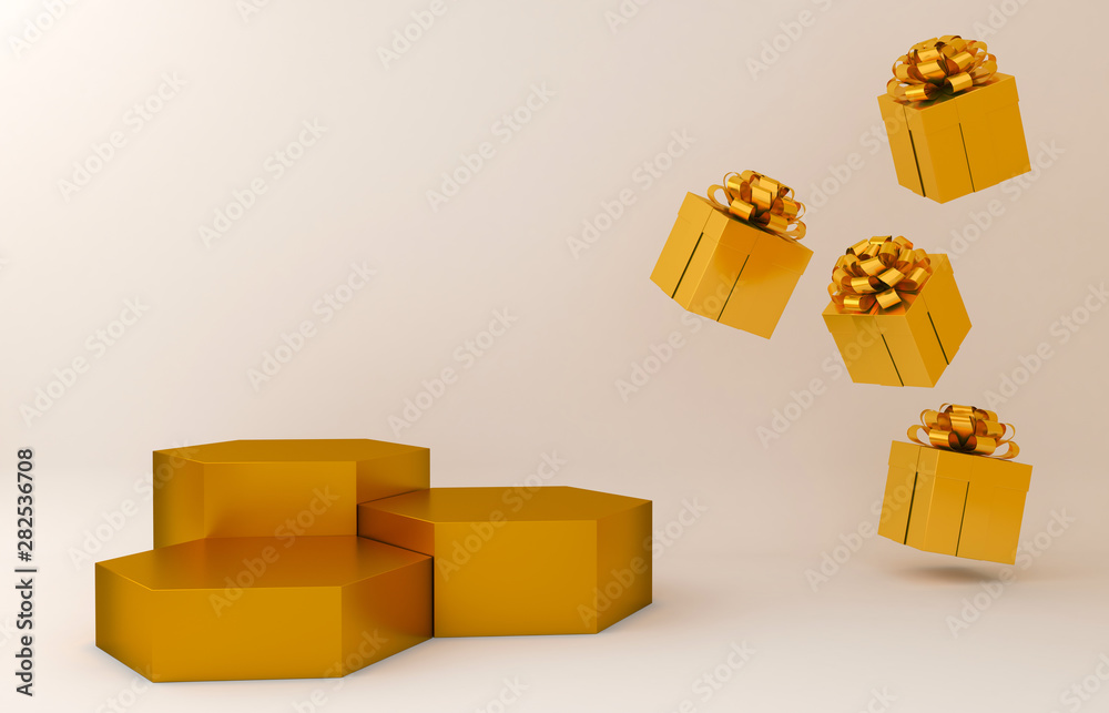 Gold Display background for Cosmetic product presentation. Empty showcase, 3d flower paper illustration rendering. Gold Display background for Cosmetic product presentation. Empty showcase, 3d flower paper illustration rendering.
