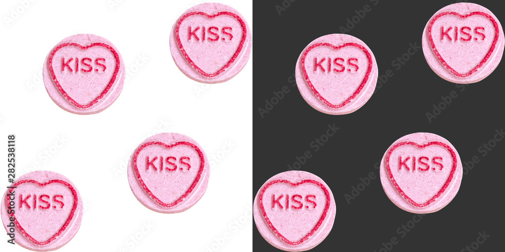 Set of two seamless candy patterns with the inscription kiss. Suitable for use in printed materials or wrapping paper. Set of two seamless candy patterns with the inscription kiss. Suitable for use in printed materials or wrapping paper.