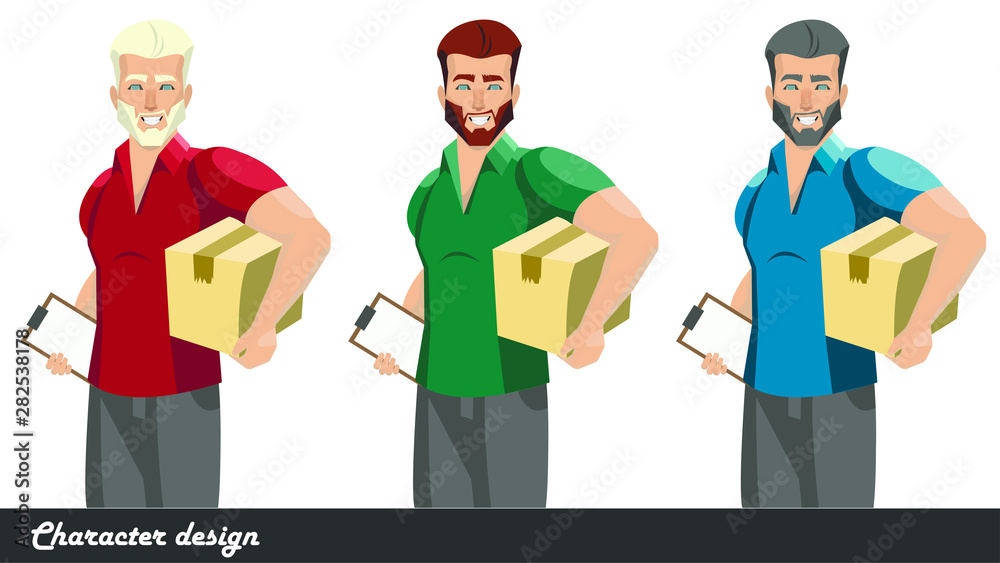 Delivery boy with package, blond hair character, brown hair character, black hair character