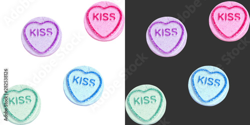 Set of two seamless candy patterns with the inscription kiss. Suitable for use in printed materials or wrapping paper.