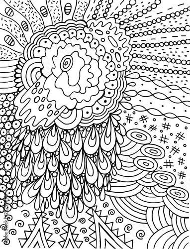 Fantastic cartoon abstract doodle with flower and srops. Ink line drawing. Coloring page for adults. Vector illustration