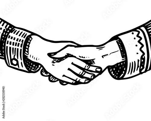 Handshake peoples. Symbol of friendship and partnership. Peace in the world. Hand drawn engraved vintage sketch.