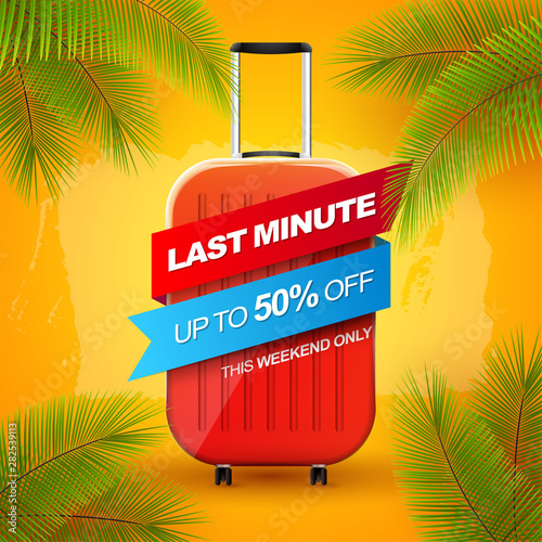 Vacation banner with red travel baggage winded up with ribbon on tropical background with palm leaves. Creative sale banner. Last minute vacation concept with copy space.