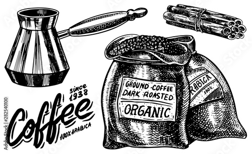 Bag of coffee beans in vintage style. Hand drawn engraved retro sketch. Maker Calligraphic inscription and cinnamon sticks for label or menu.