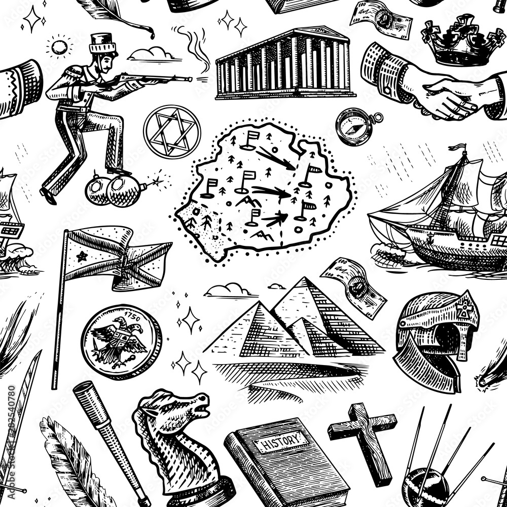 History seamless pattern in vintage style. Education, religion and old