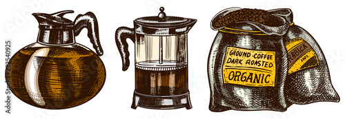 Set of coffee in vintage style. Bag French press Filter Maker . Hand drawn engraved retro sketch for label or menu.